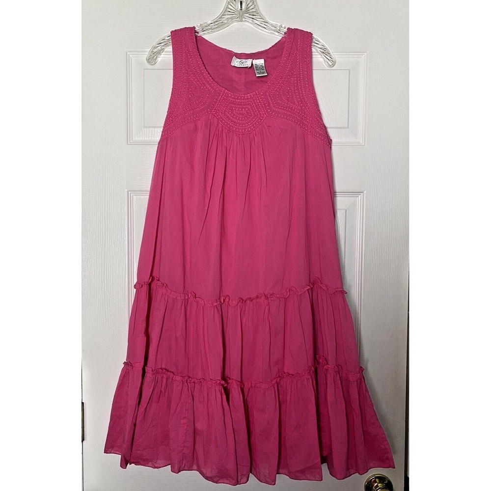 OSO Casuals Barbiecore Sleeveless Tiered Pink Dress Size Large Lined Embroidered
